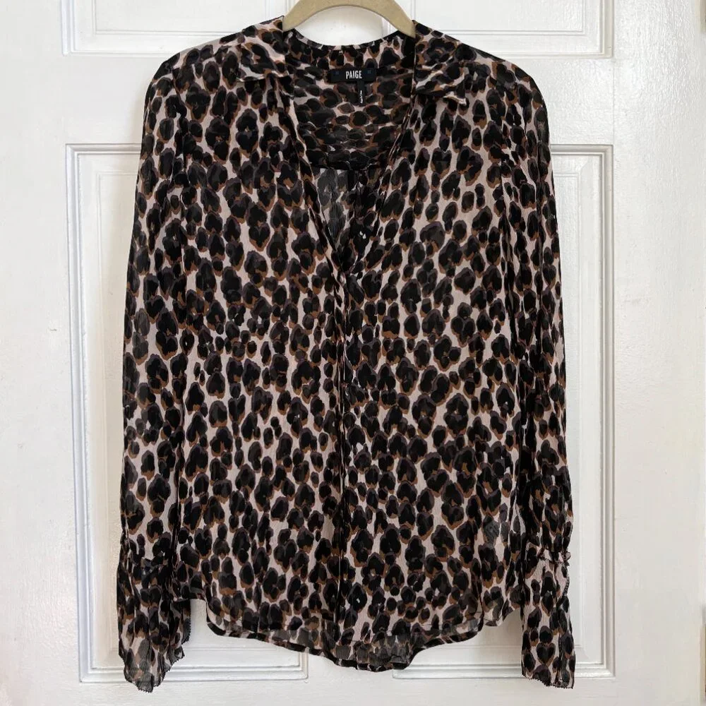 Paige Abriana Blouse Leopard Animal Print Top Shirt Zephyr Button Collared M L - Picture 3 of 9